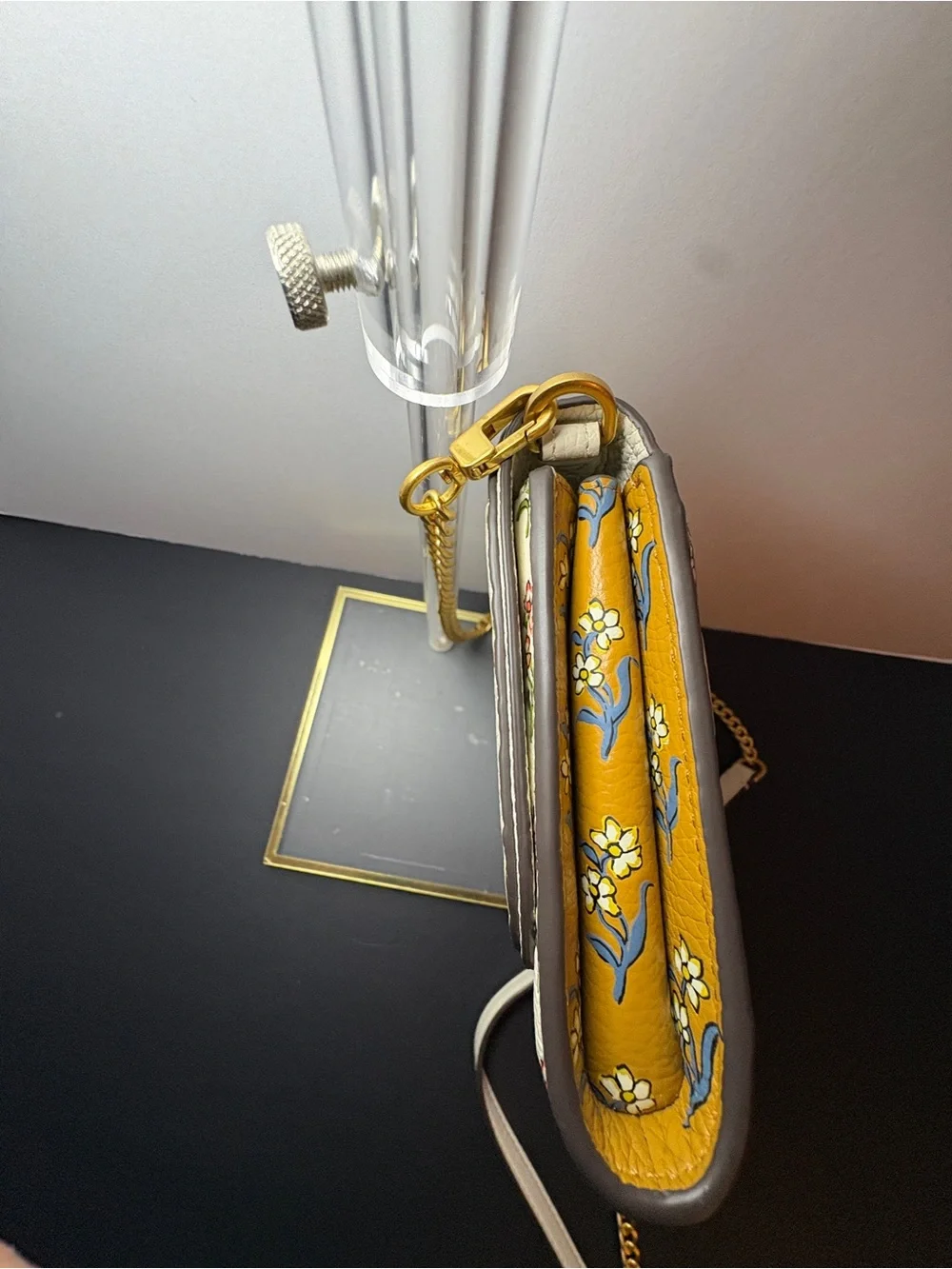 Tory Burch Cream Floral Leather Crossbody with Pink and Green Print & Gold Chain